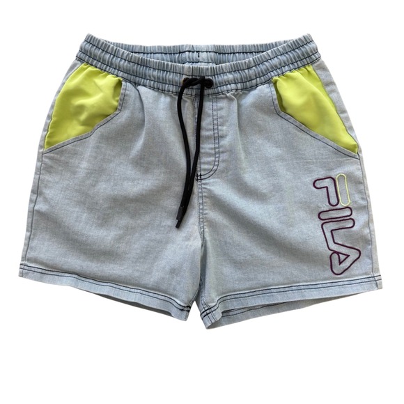 FILA Denim Shorts Mens Medium Blue Yellow Embroidered‎ Logo Drawstring - Picture 1 of 12